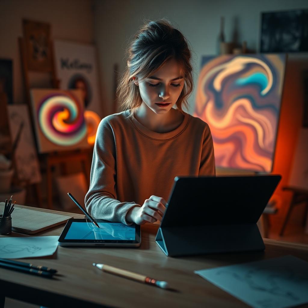 A beginner artist hesitating over a digital tablet, surrounded by vibrant visualizations of layering, inpainting, and style transfer tools, illuminated in soft, glowing light --ar 16:9 --v 5