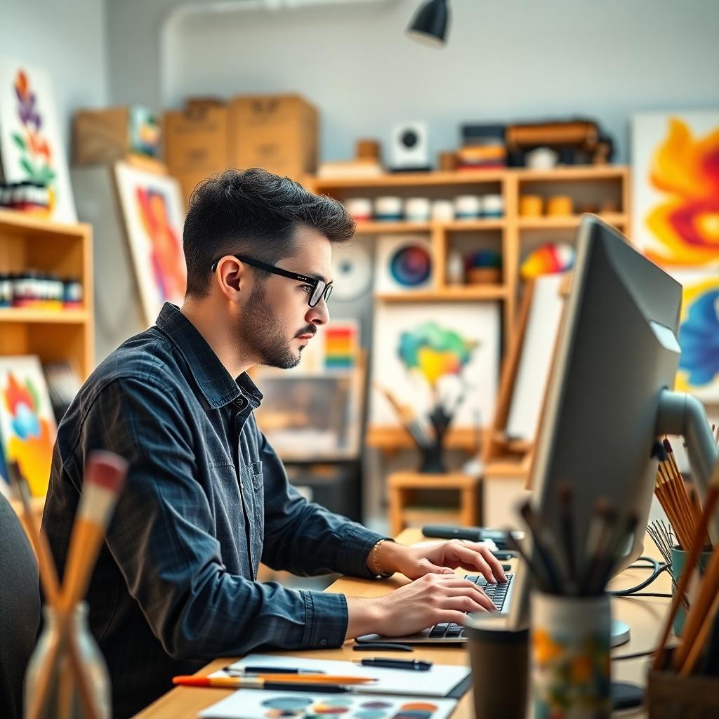 A professional artist in a modern studio, focusing intently on their computer, which highlights "with clearly labeled menus and tools. Navigation feels natural." Vibrant colors fill the workspace with shelves of paints, brushes, and canvases. --ar 4:3 --q 2